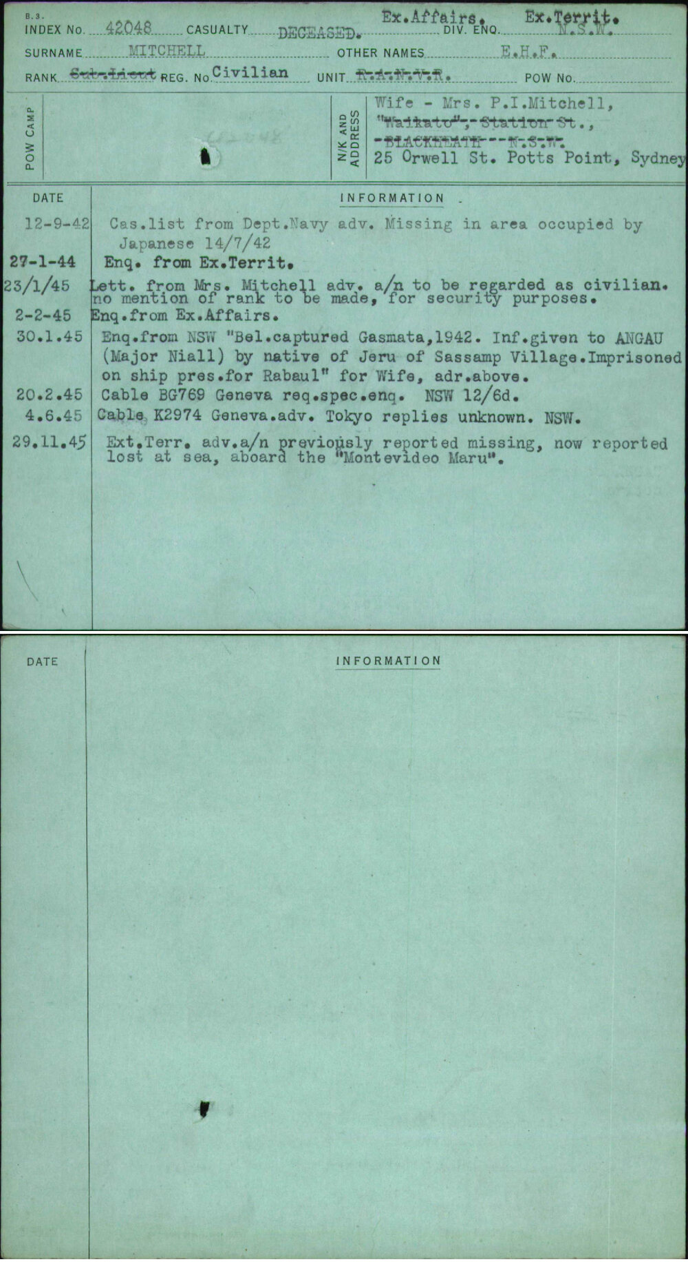Mitchell, E H F, Civilian