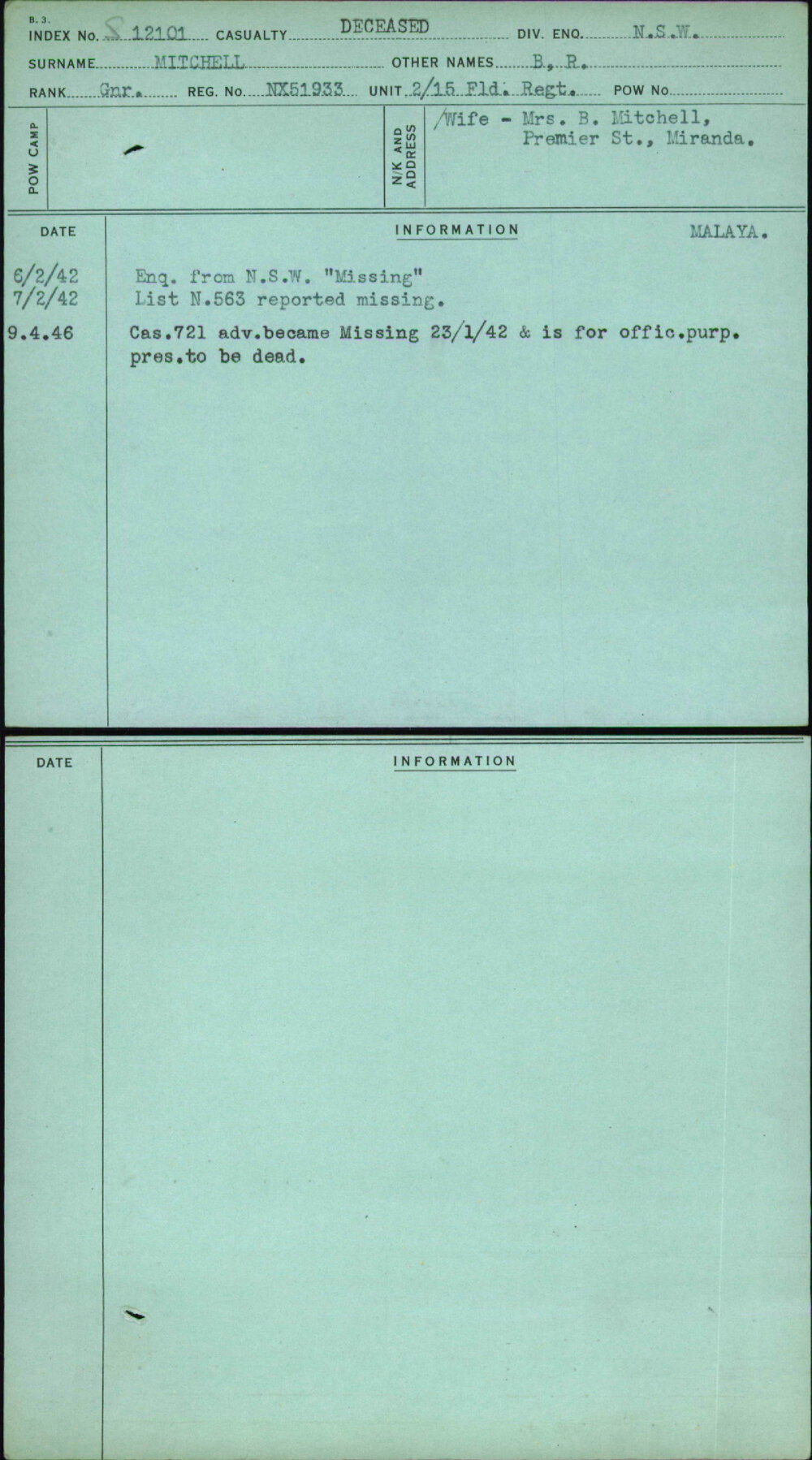 Mitchell, B R, NX51933