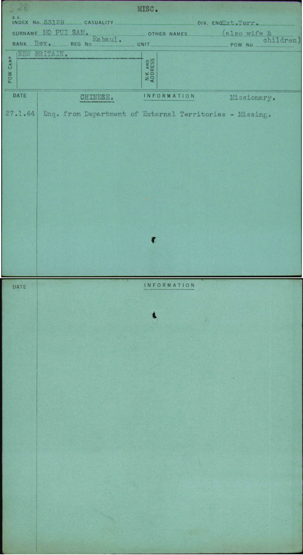 Mo Pui Sam, Also Wife &amp; Children, Rabaul