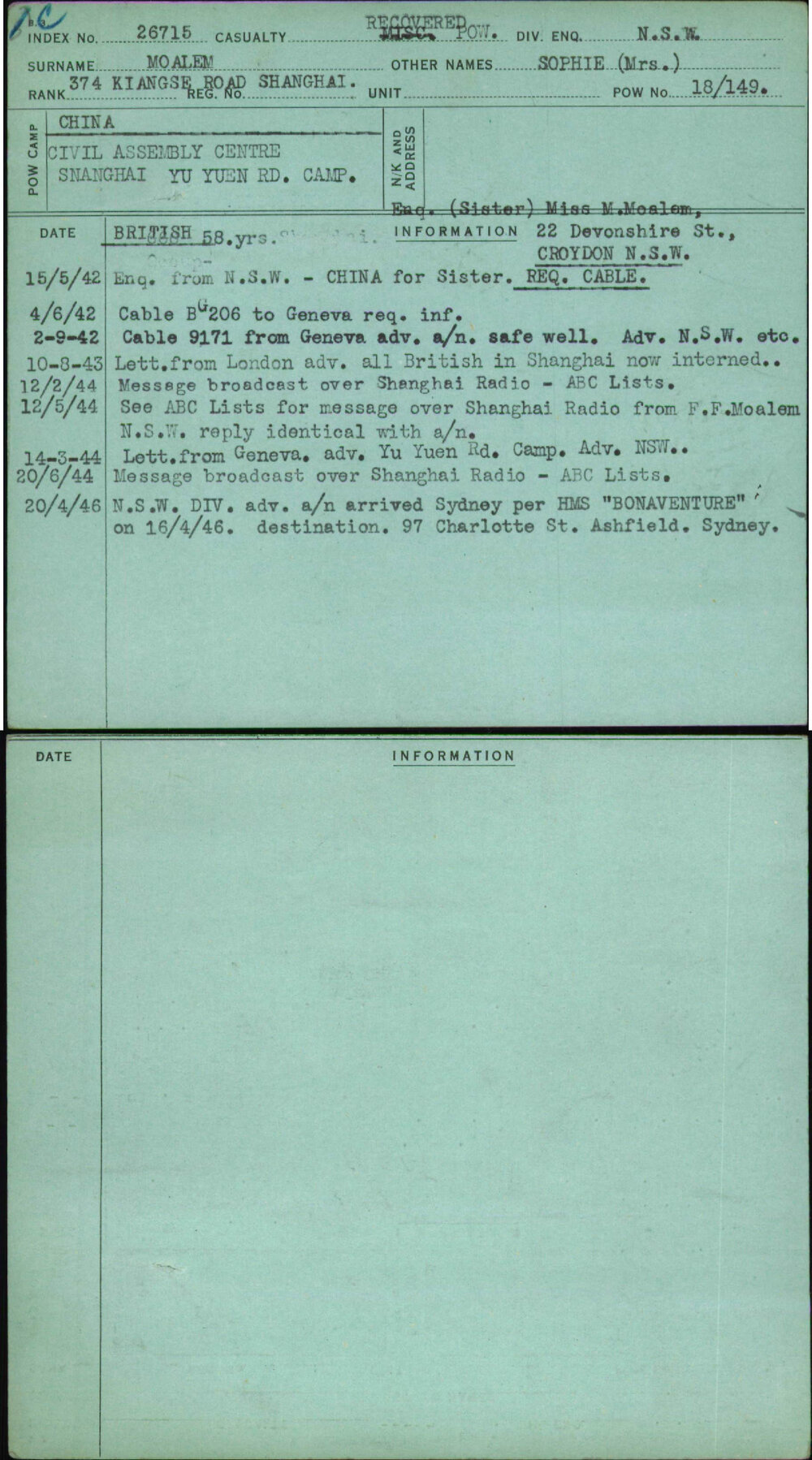 Moalem, Sophie (Mrs), [No Service Number]