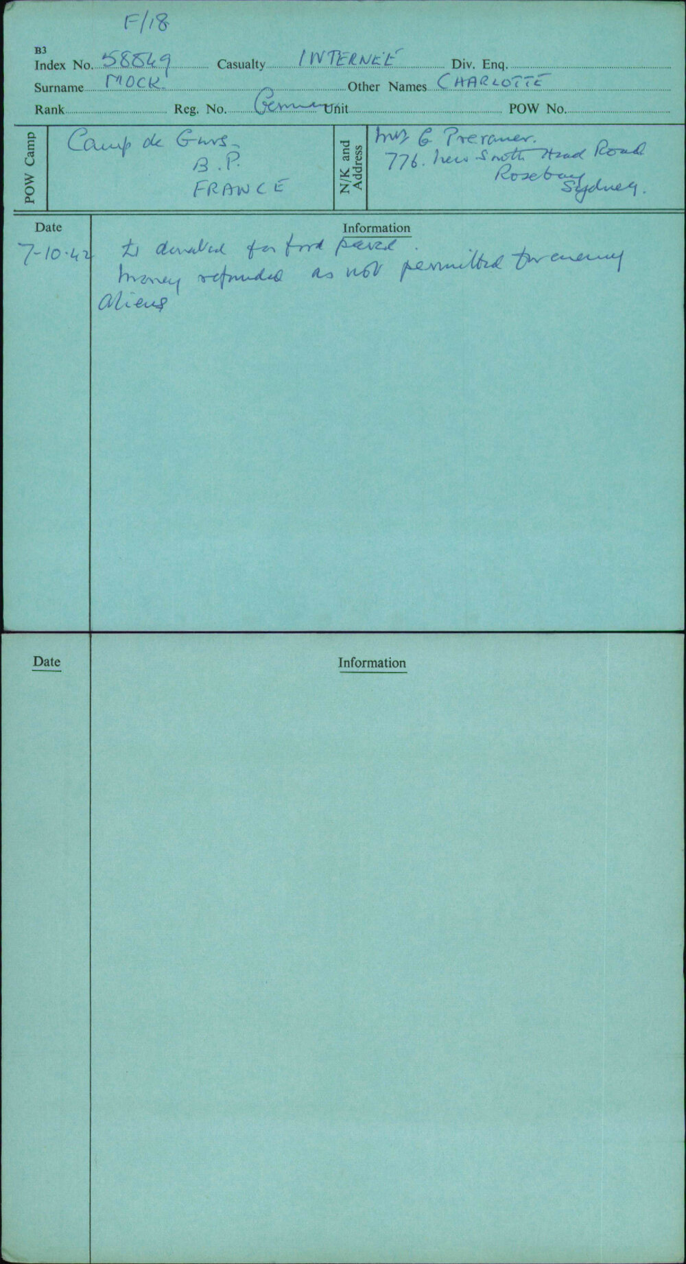 Mock, Charlotte, [No Service Number]