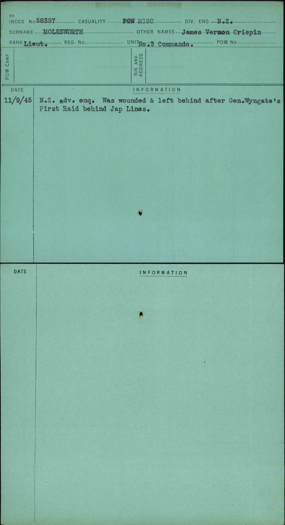 Molesworth, James Vernon Crispin, [No Service Number]