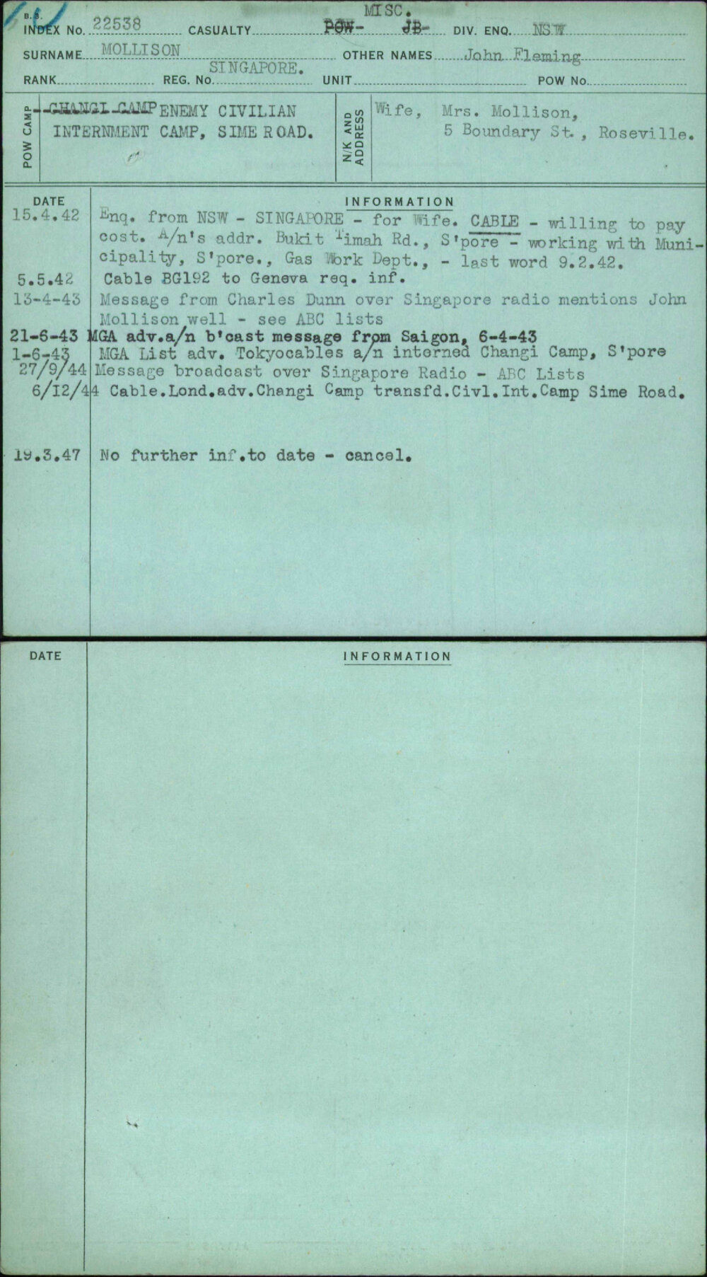 Mollison, John Fleming, Singapore
