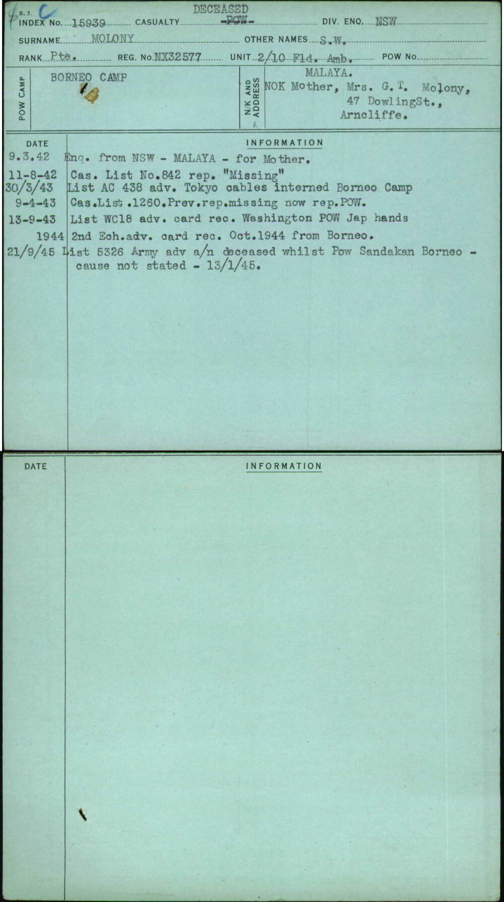 Molony, S W, NX32577