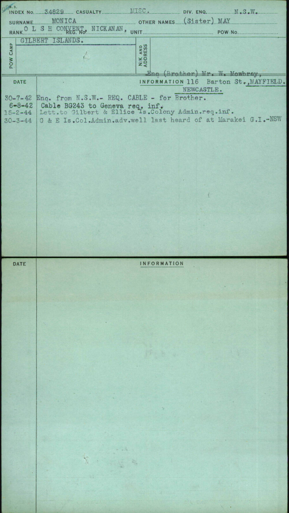 Monica, (Sister) May, [No Service Number]