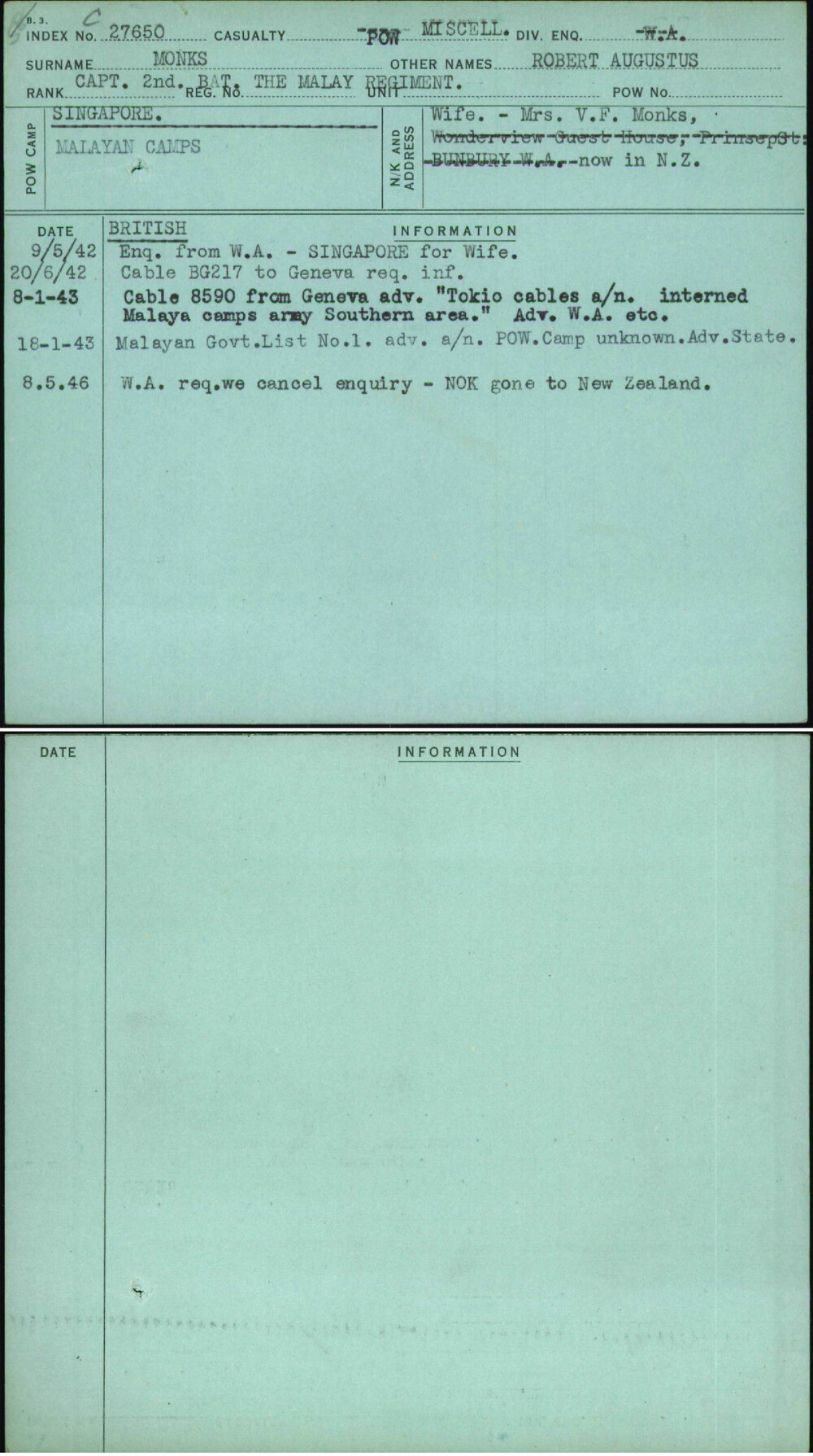 Monks, Robert Augustus, [No Service Number]