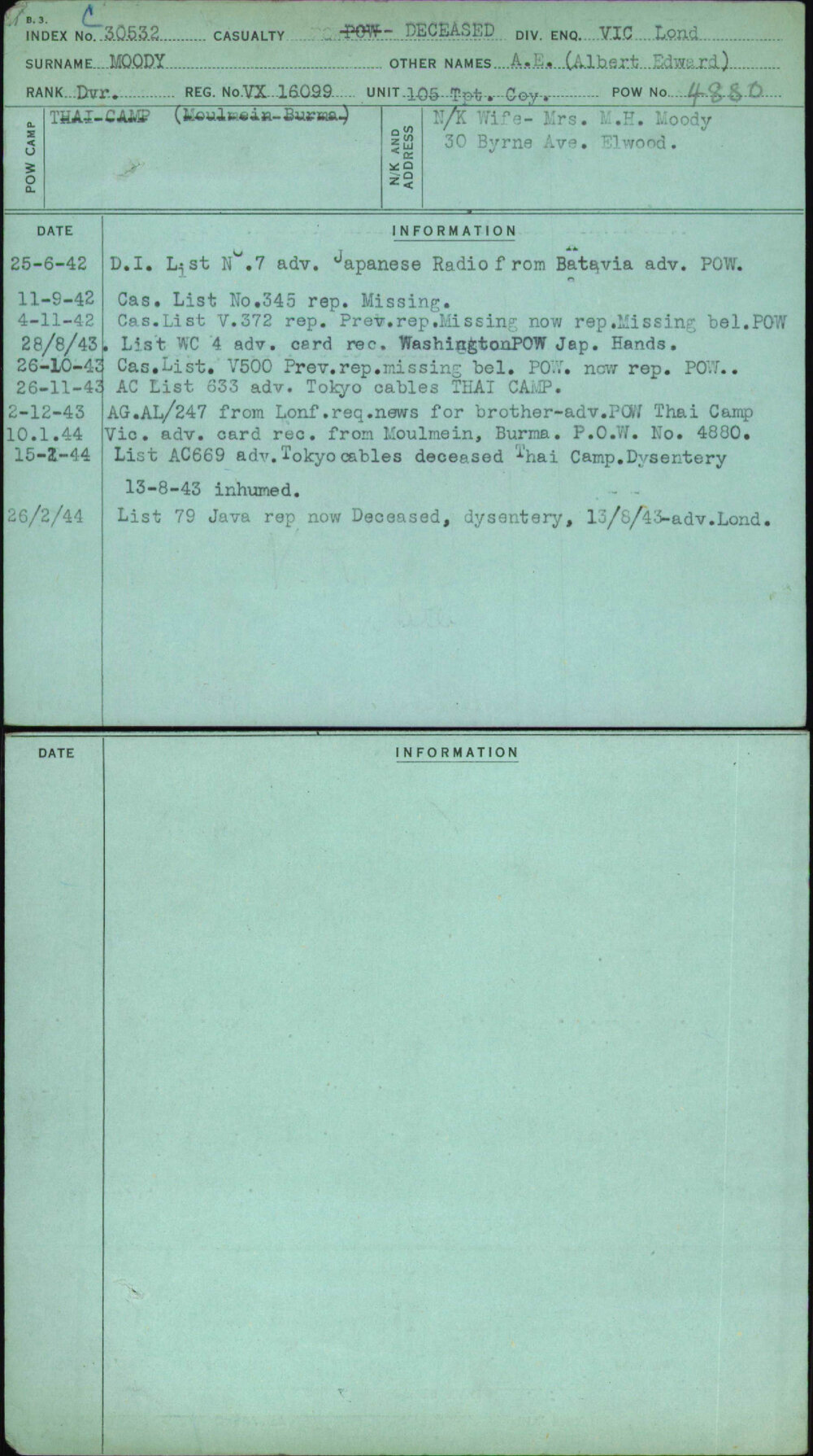 Moody, A E (Albert Edward), VX16099