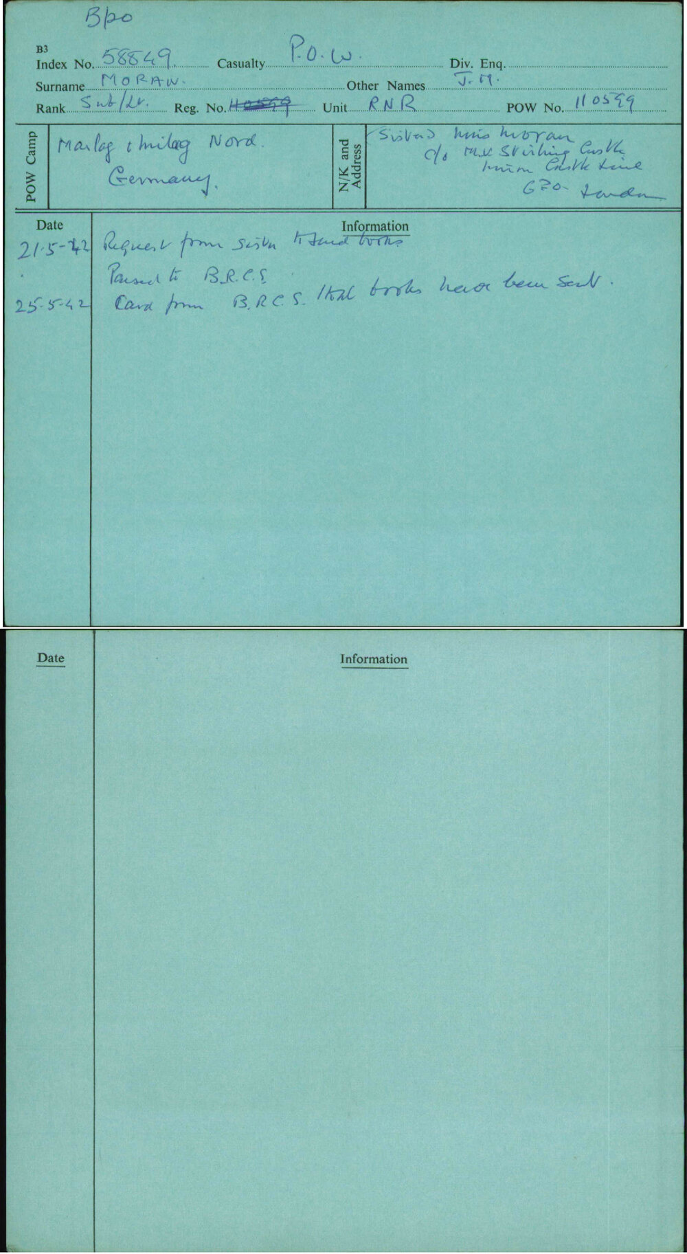 Moran, J M, [No Service Number]