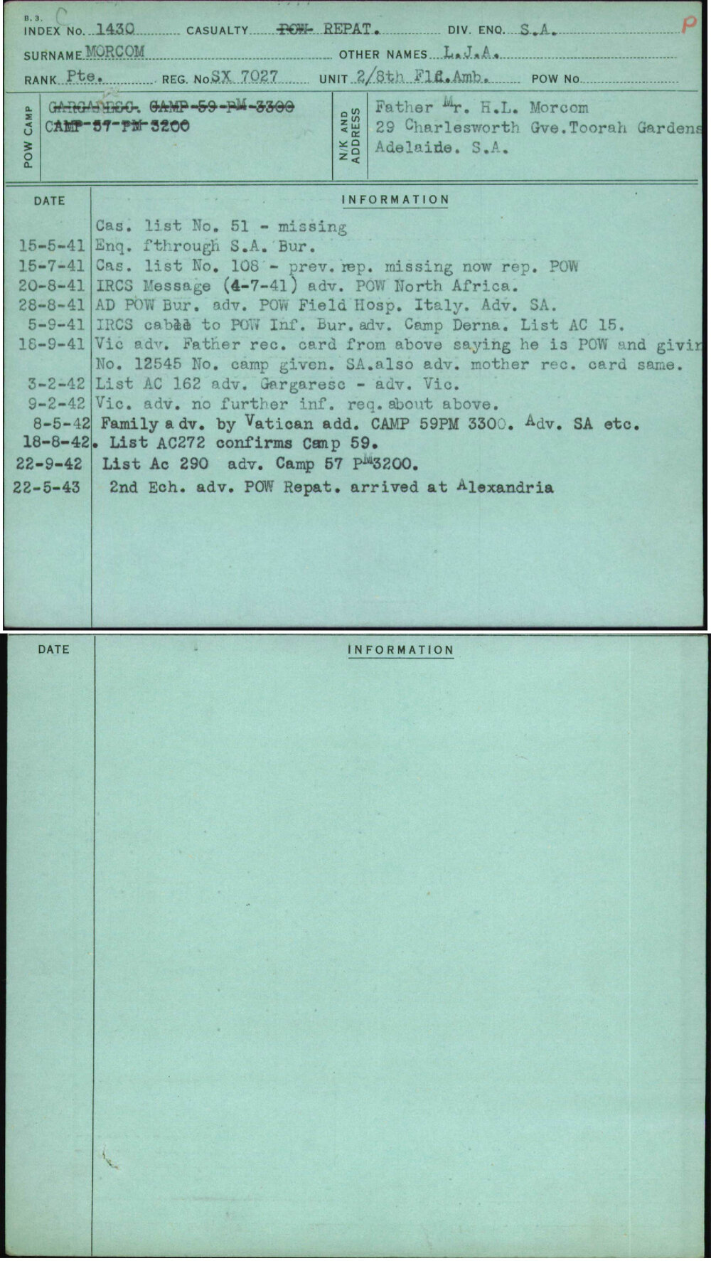 Morcom, L J A, SX7027