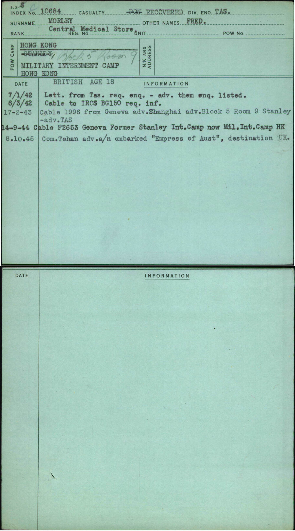Morley, Fred, [No Service Number]