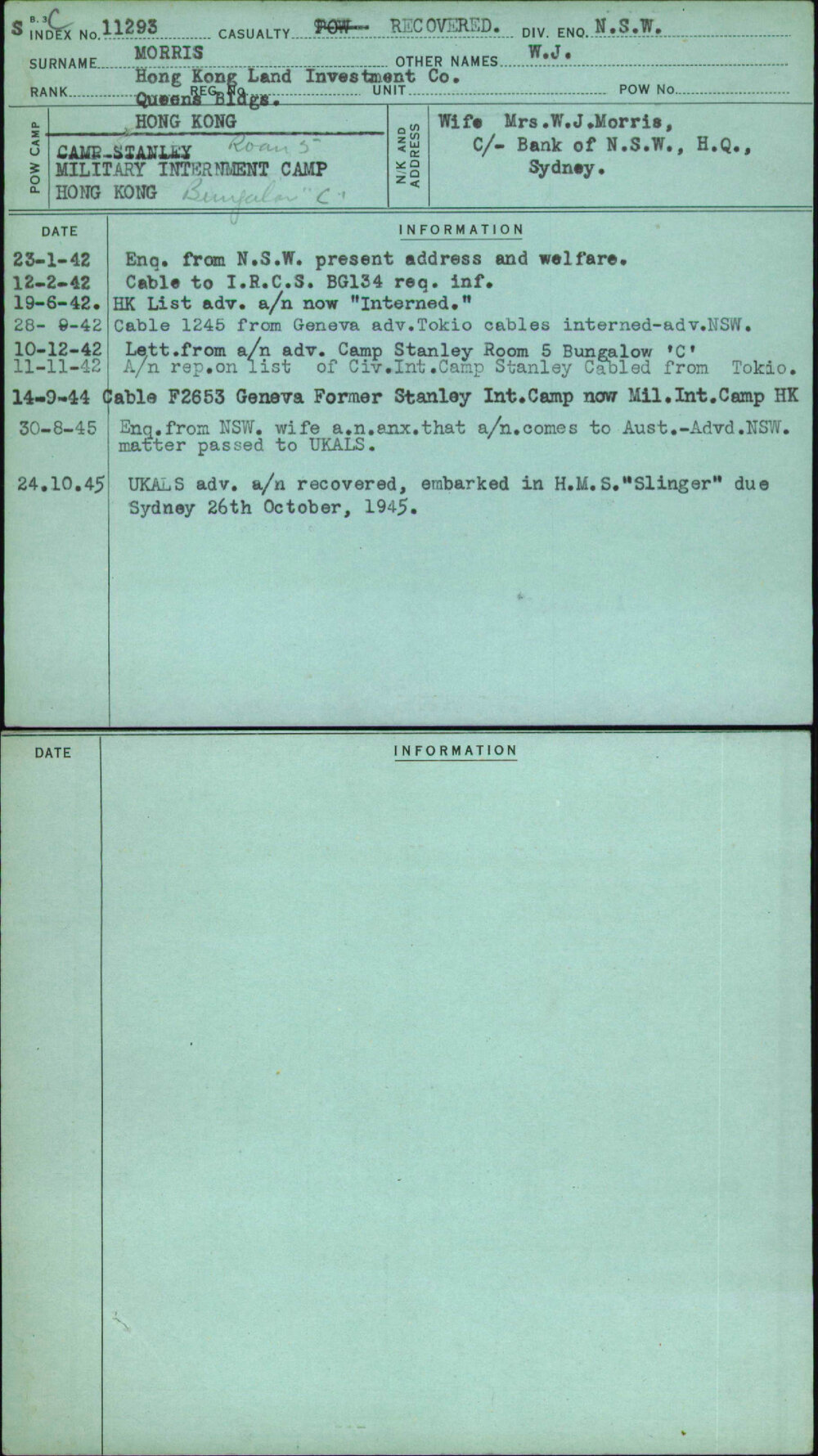 Morris, W J, [No Service Number]