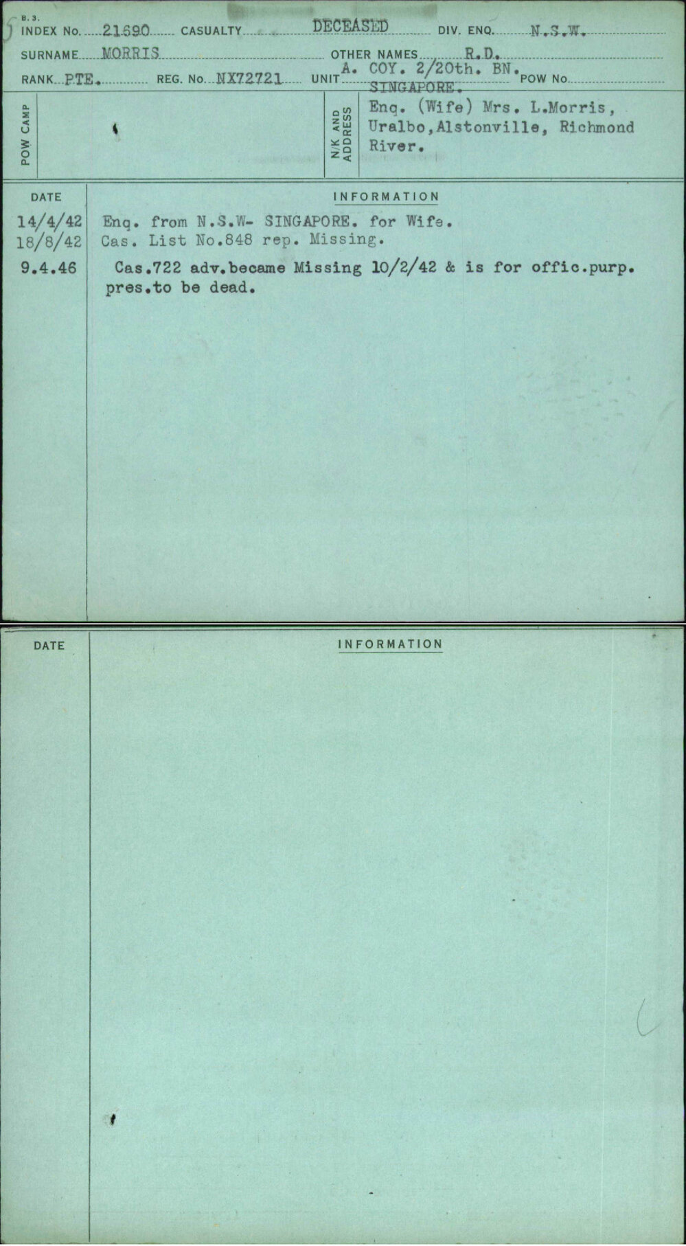 Morris, R D, NX72721