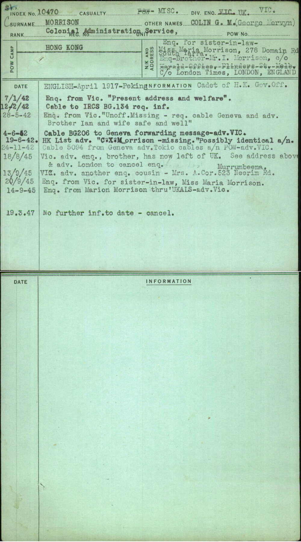 Morrison, Colin G M (George Mervyn), [No Service Number]