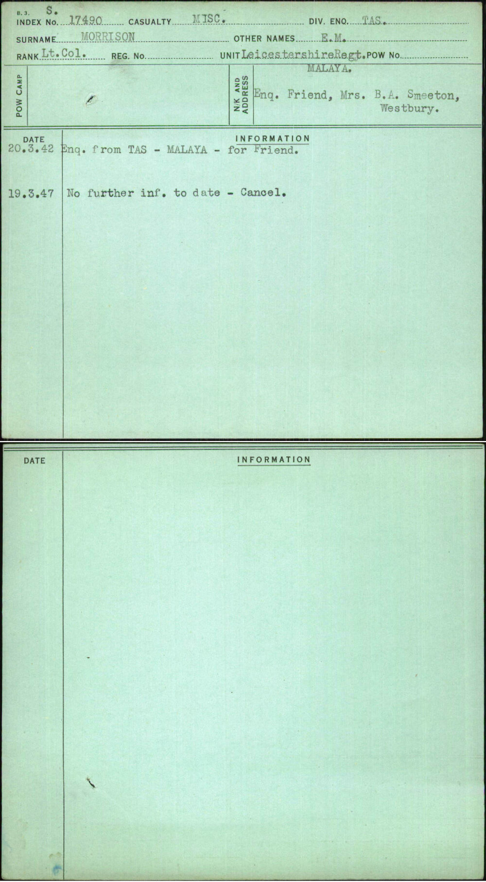 Morrison, E M, [No Service Number]