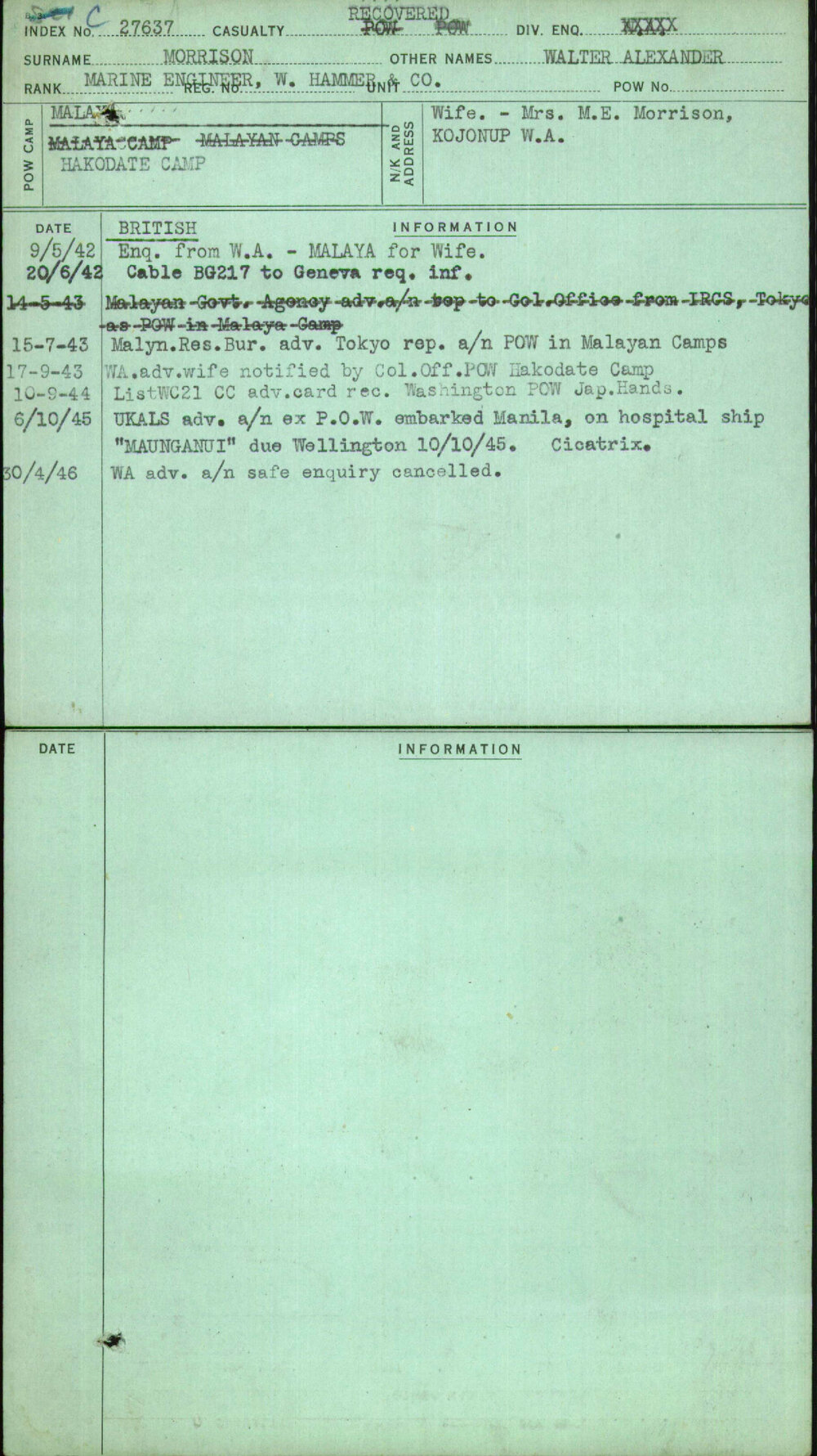 Morrison, Walter Alexander, [No Service Number]