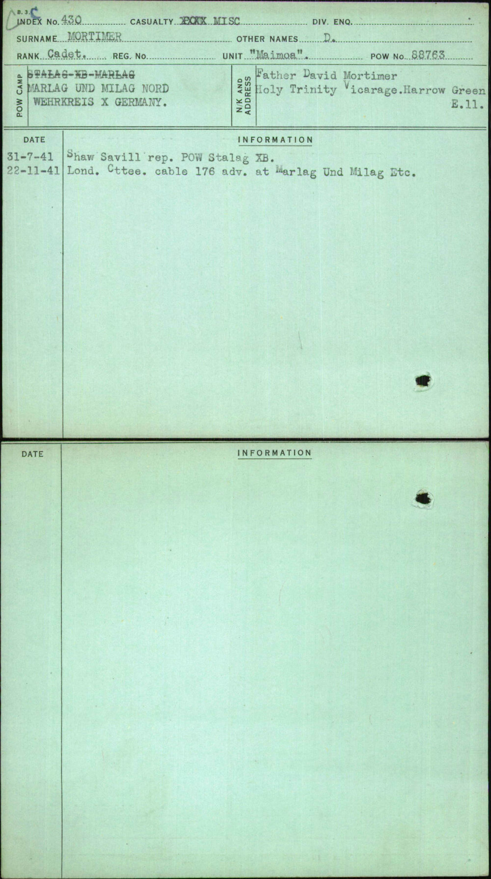 Mortimer, D, [No Service Number]