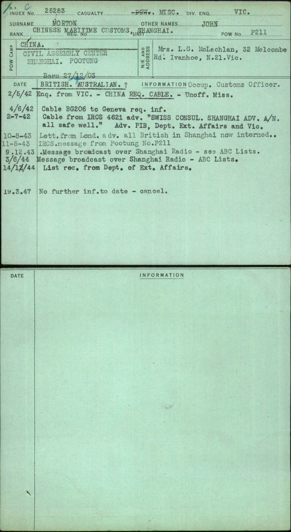 Morton, John, [No Service Number]