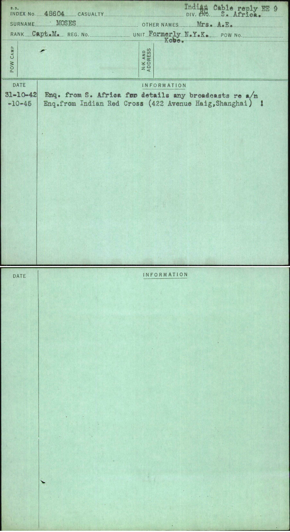 Moses, Mrs A E, [No Service Number]