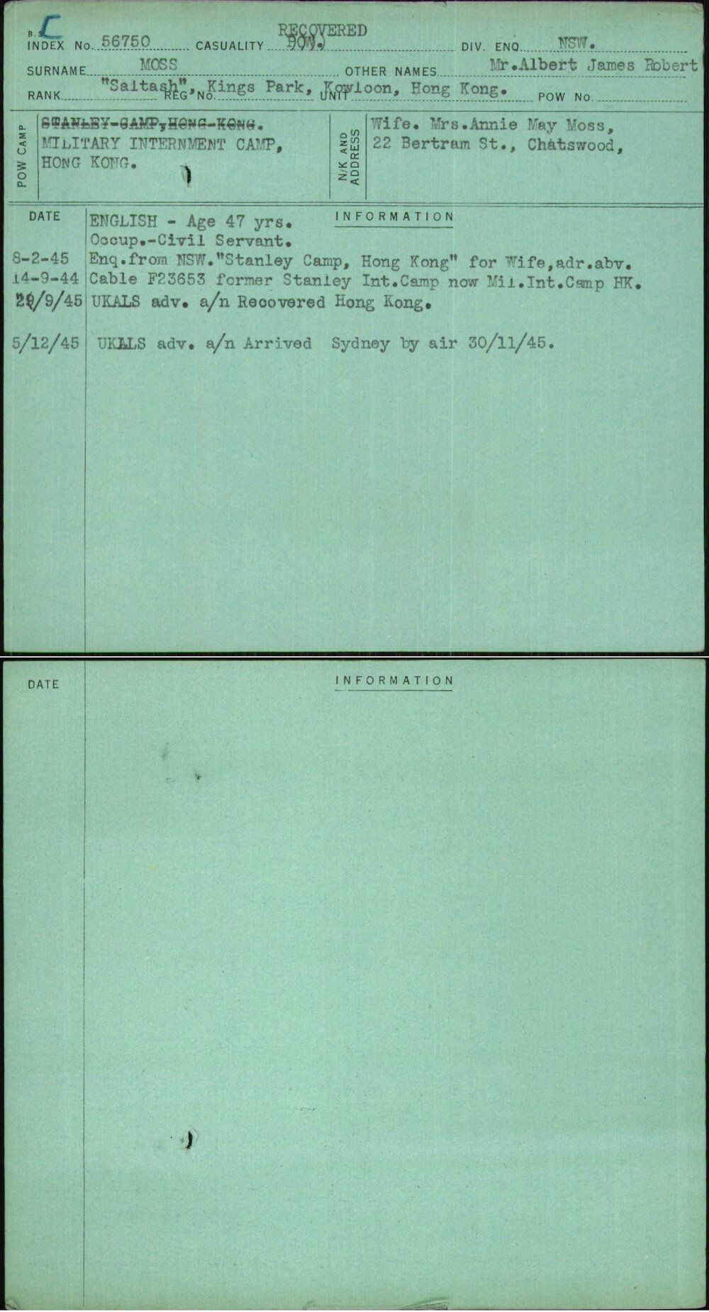 Moss, Mr Albert James Robert, [No Service Number]