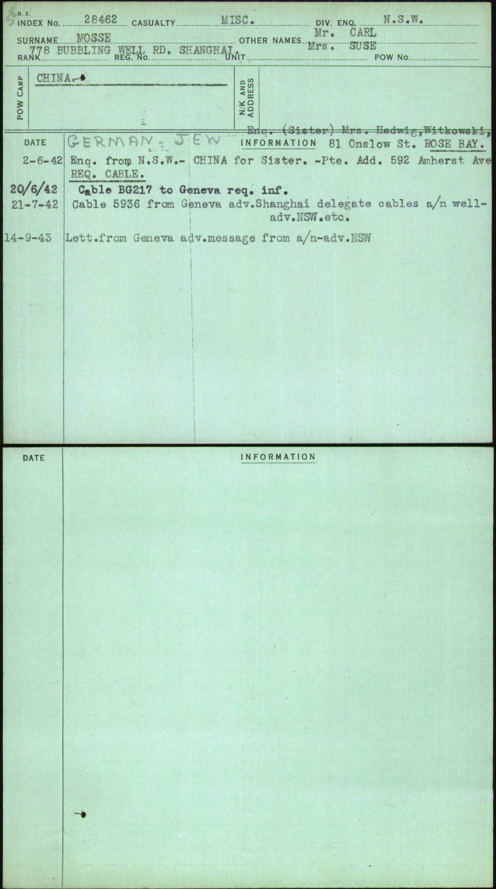 Mosse, Mr Carl Mrs Suse, [No Service Number]