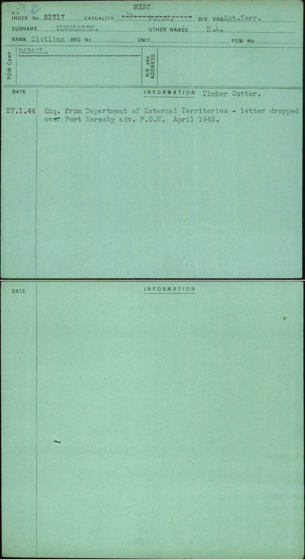 Muggleton, H A, [No Service Number]