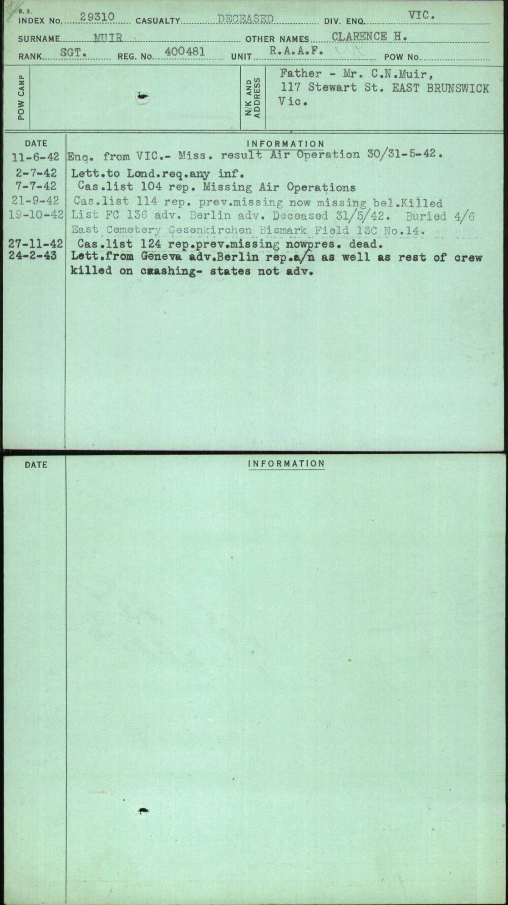 Muir, Clarence H, 400481