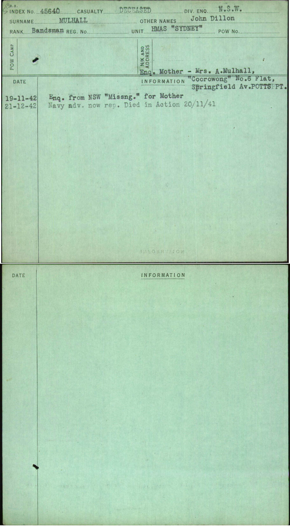 Mulhall, John Dillon, [No Service Number]