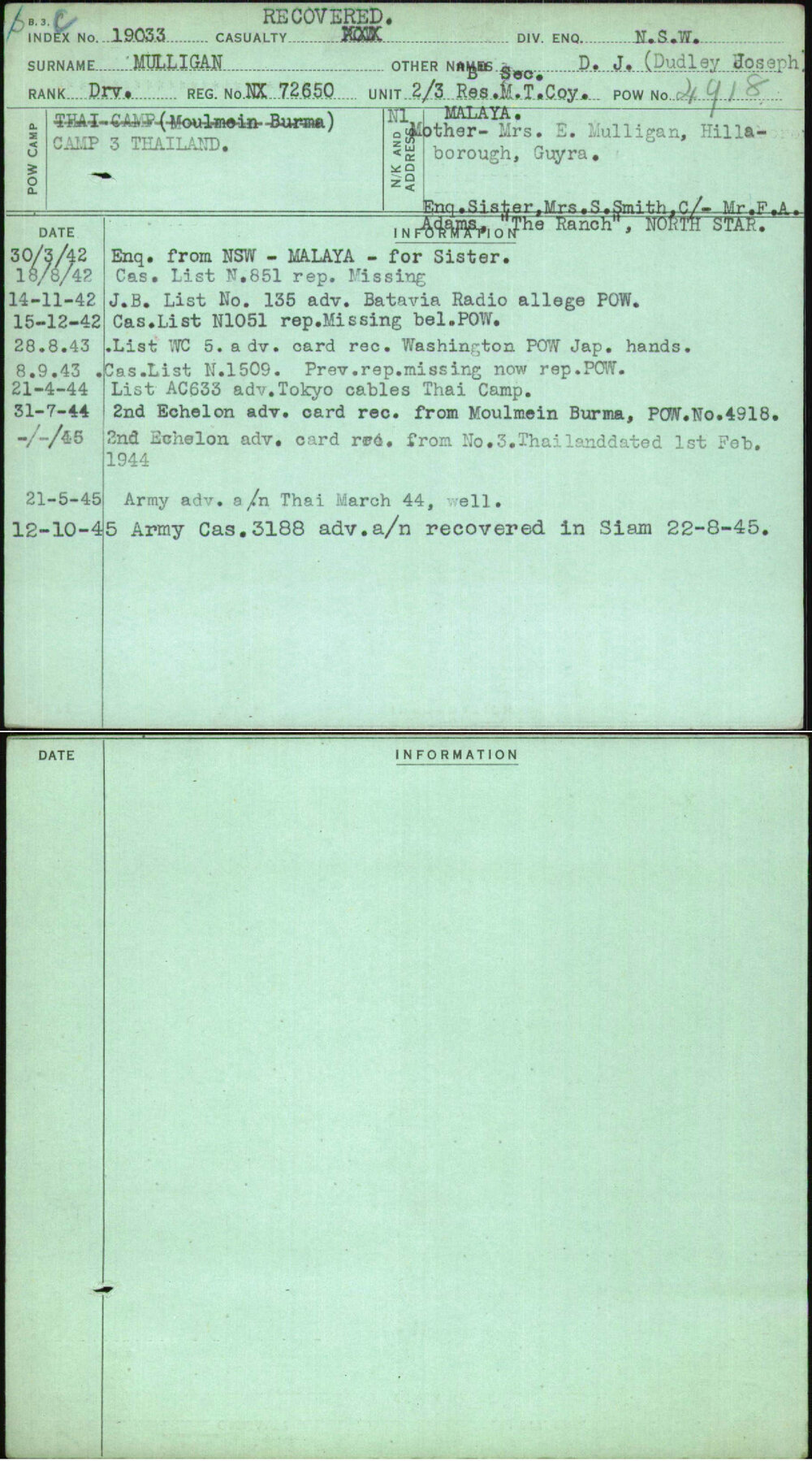 Mulligan, D J (Dudley Joseph), NX72650