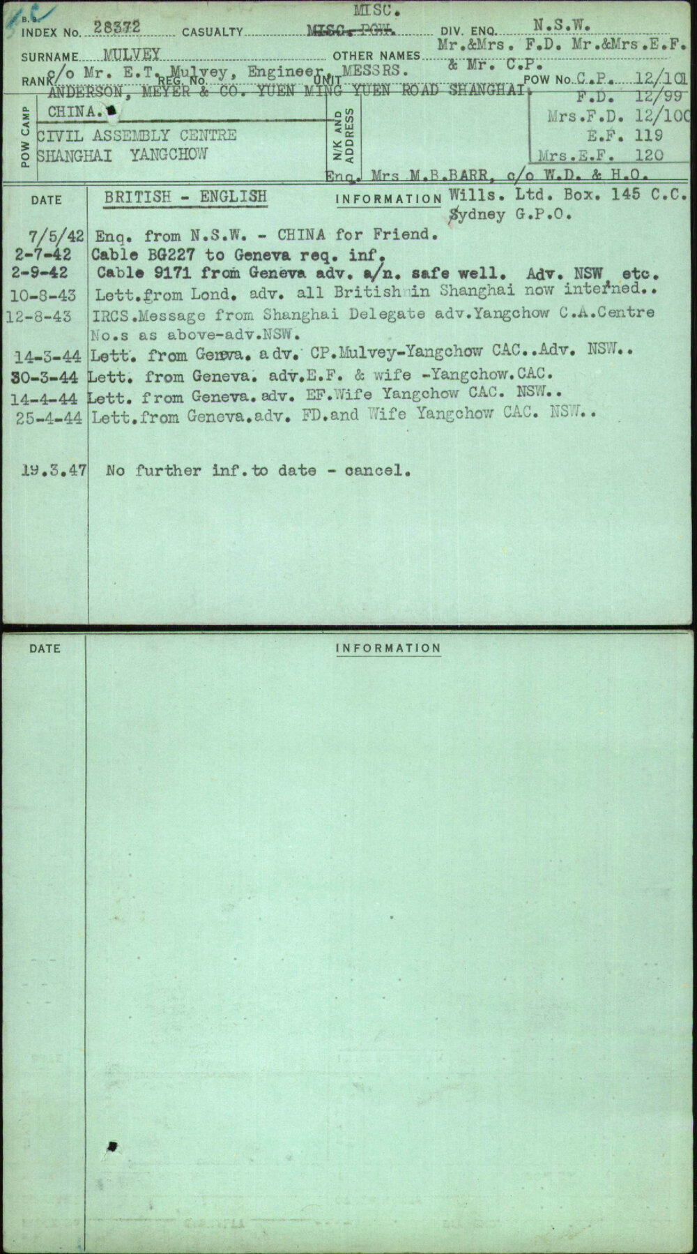 Mulvey, Mr &amp; Mrs F D Mr &amp; Mrs E F &amp; Mr C P, [No Service Number]