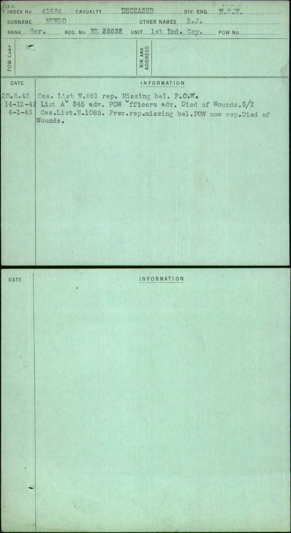 Munro, R J, NX28632