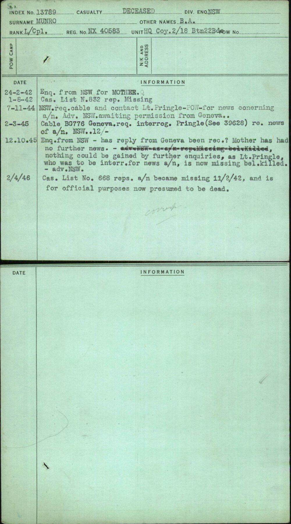 Munro, B A, NX40583