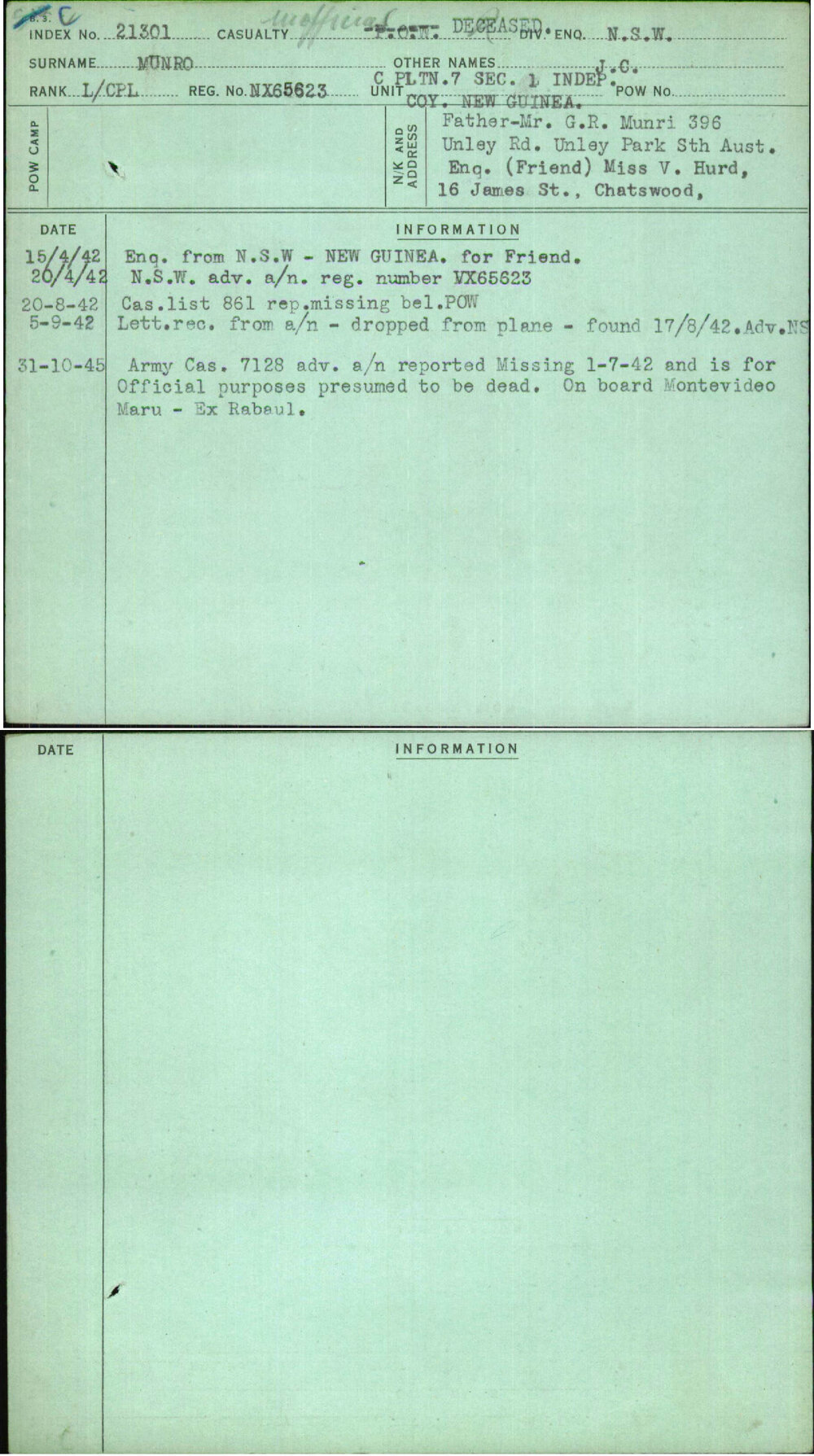 Munro, J C, NX65623