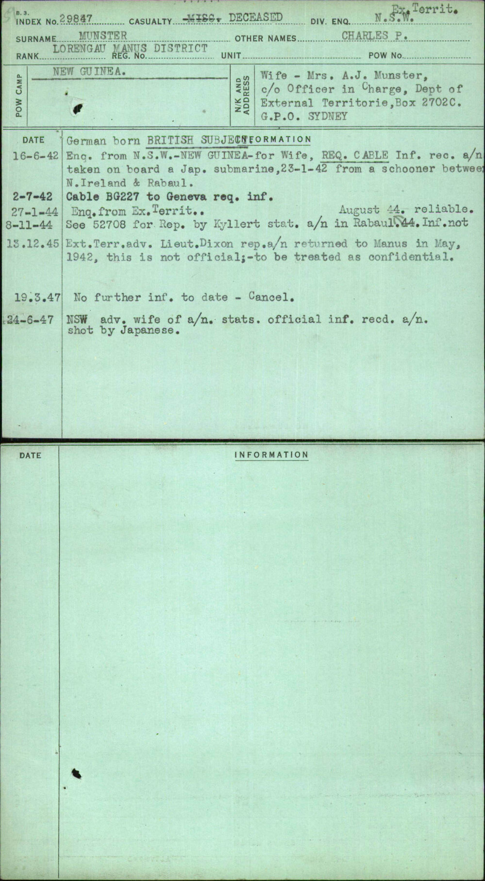 Munster, Charles P, [No Service Number]