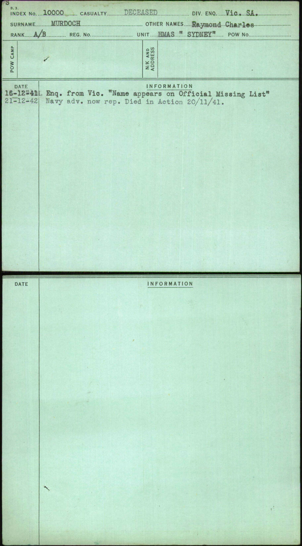 Murdoch, Raymond Charles, [No Service Number]