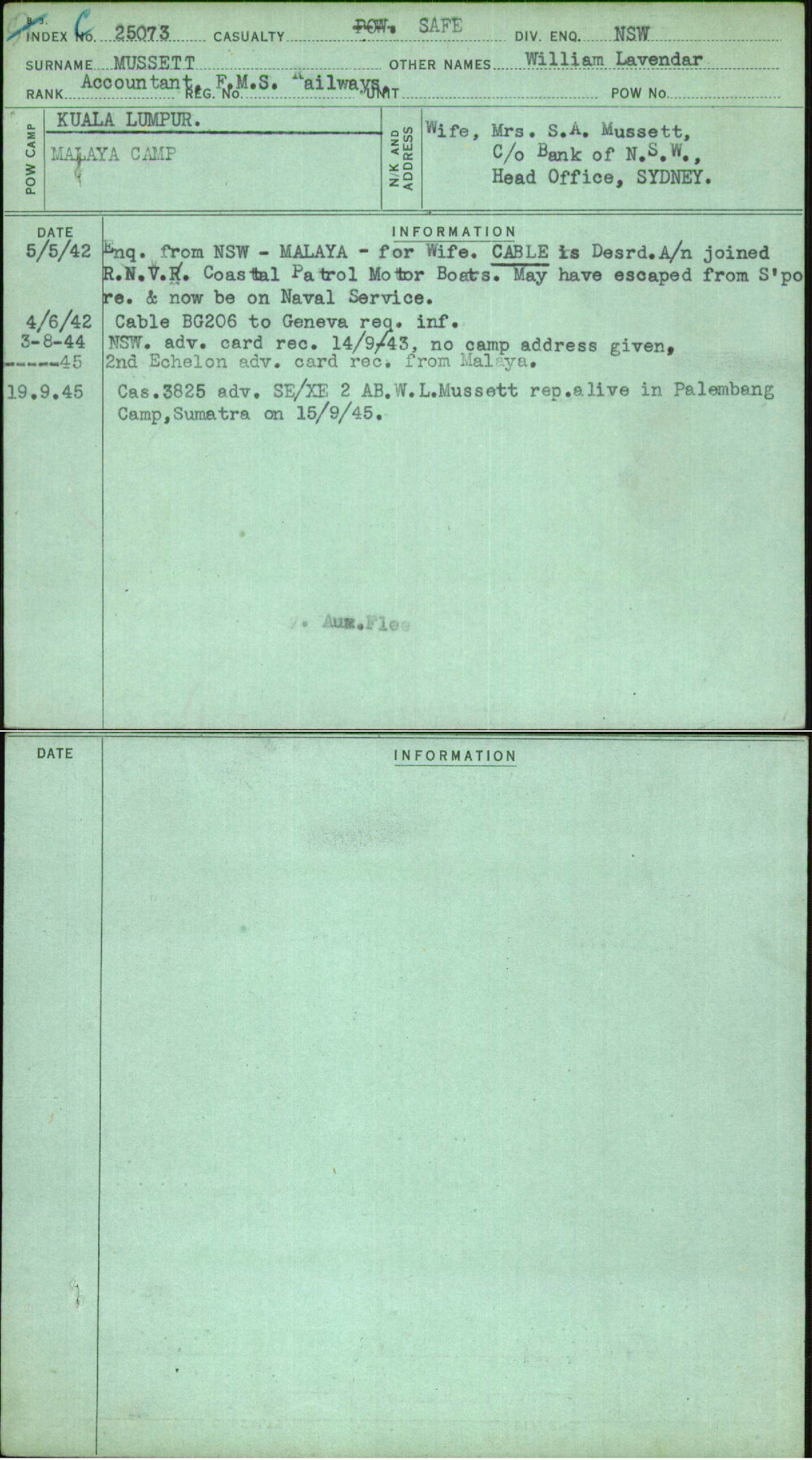 Mussett, William Lavendar, [No Service Number]