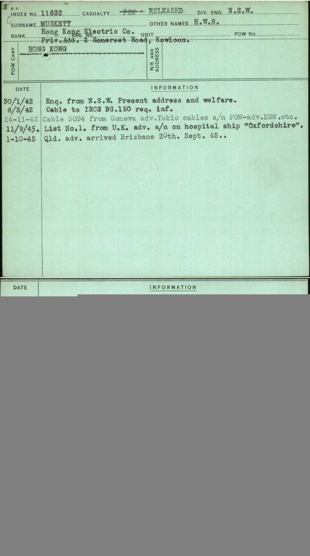 Muskett, H W B, [No Service Number]