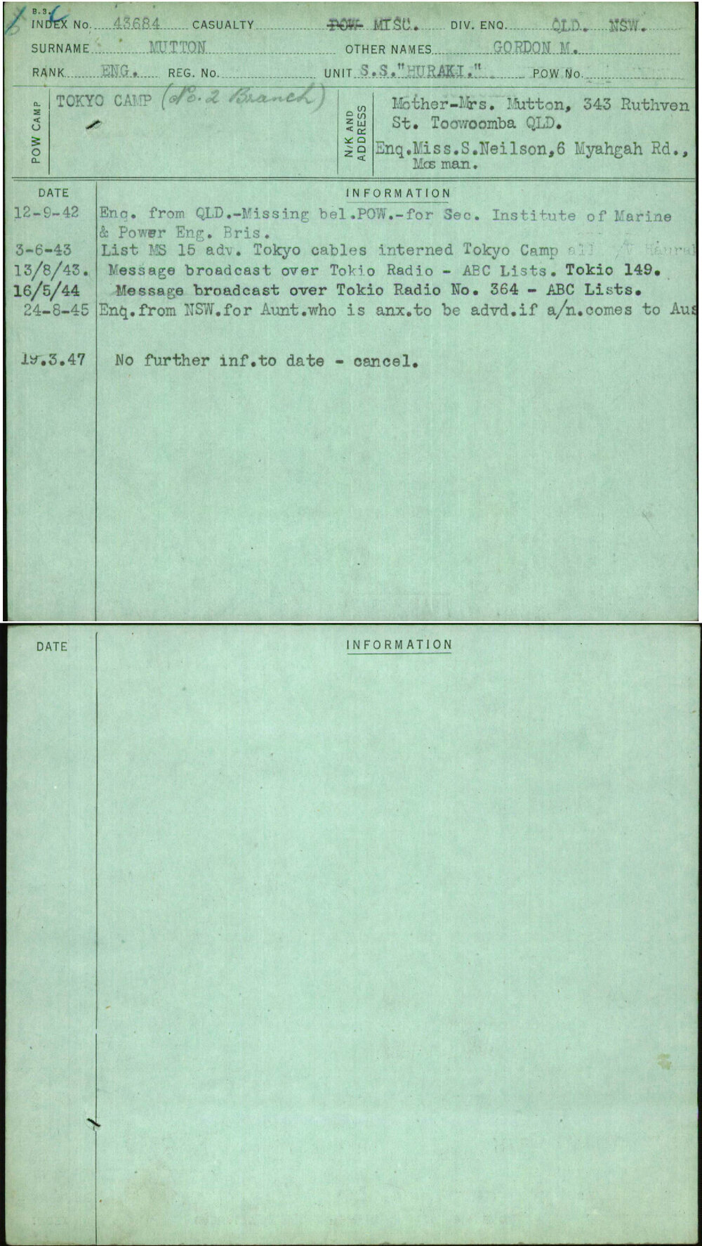 Mutton, Gordon M, [No Service Number]