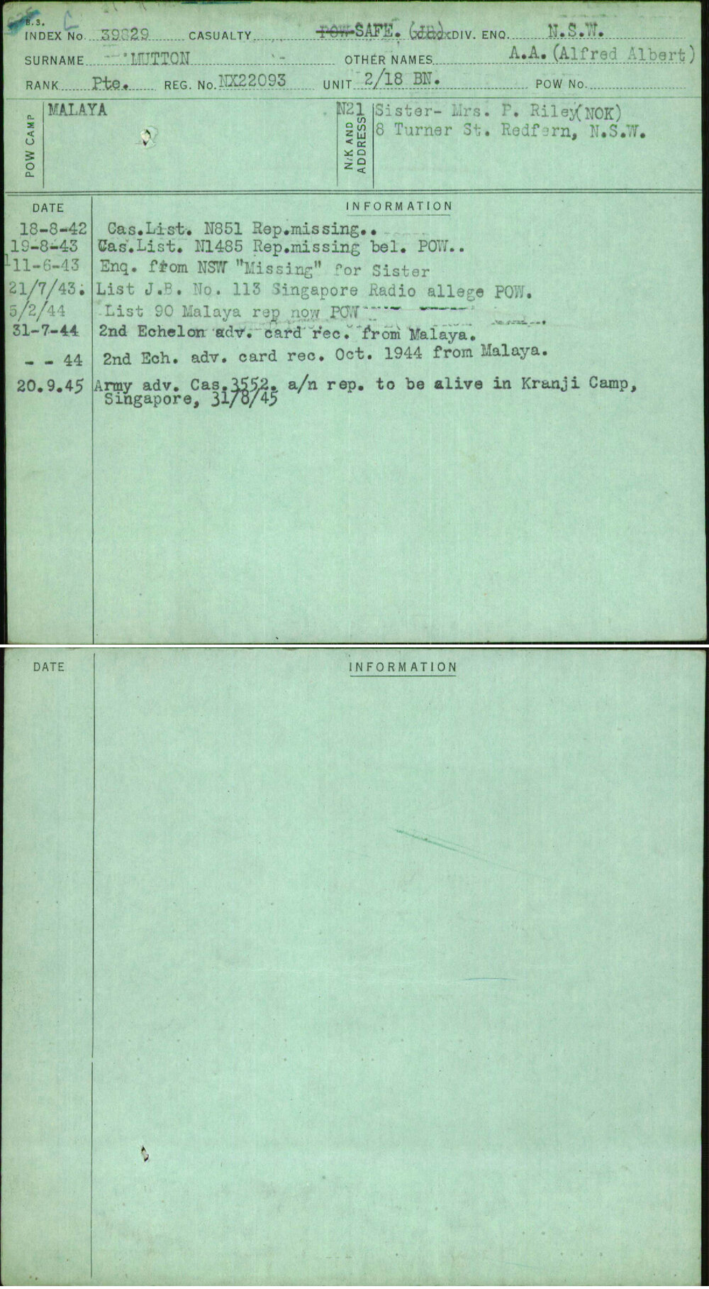 Mutton, A A (Alfred Albert), NX22093