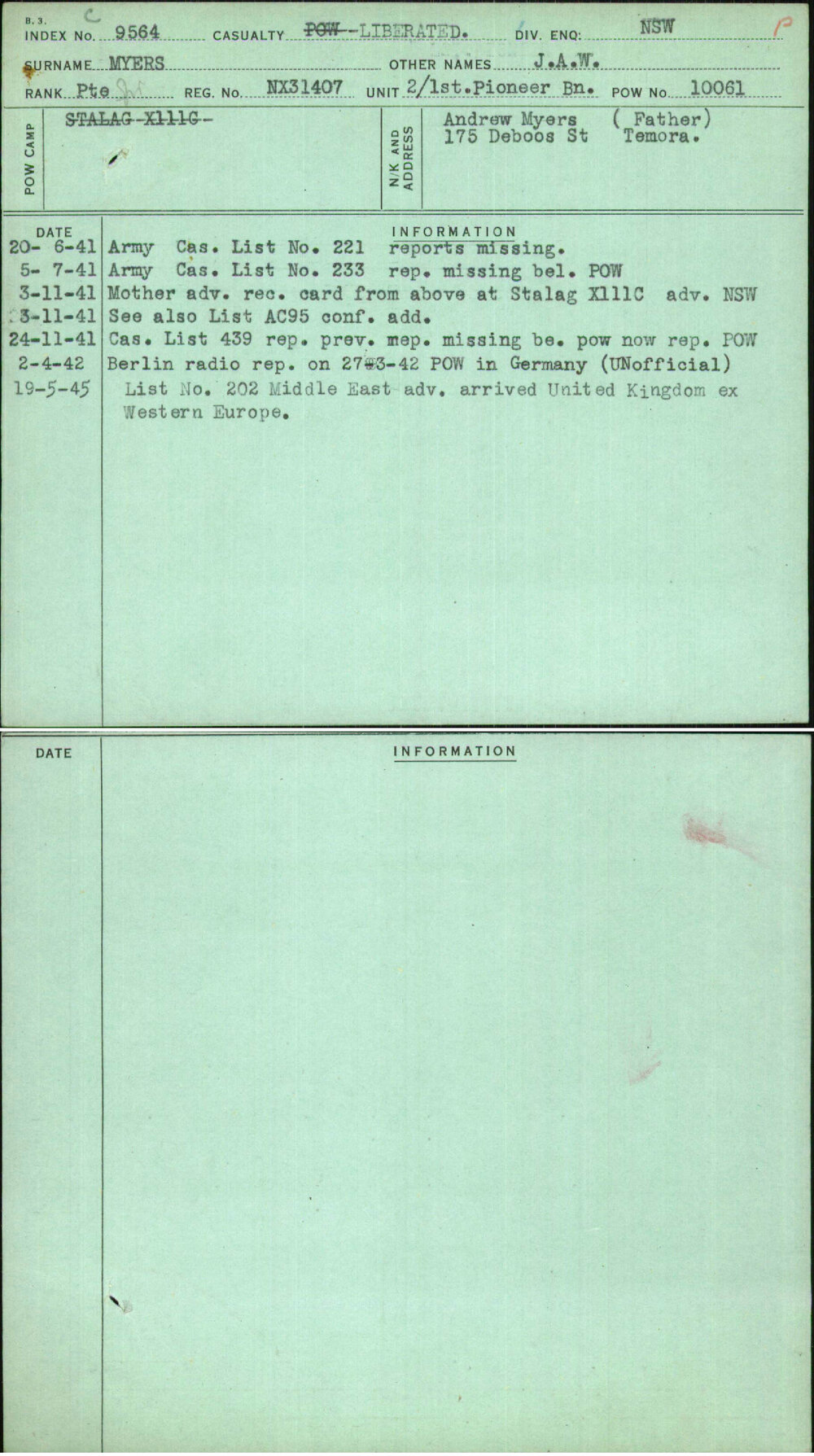 Myers, J A W, NX31407