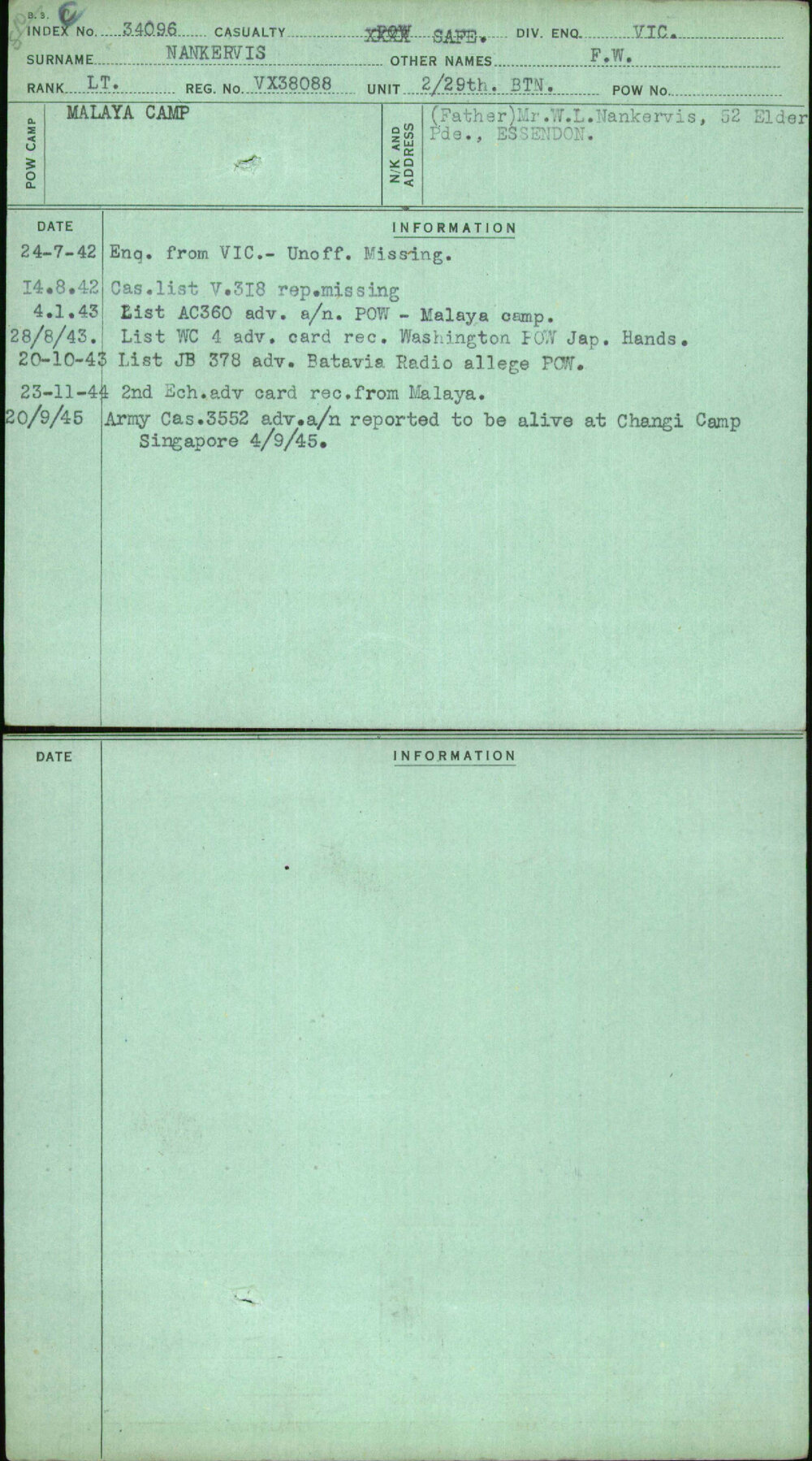 Nankervis, F W, VX38088