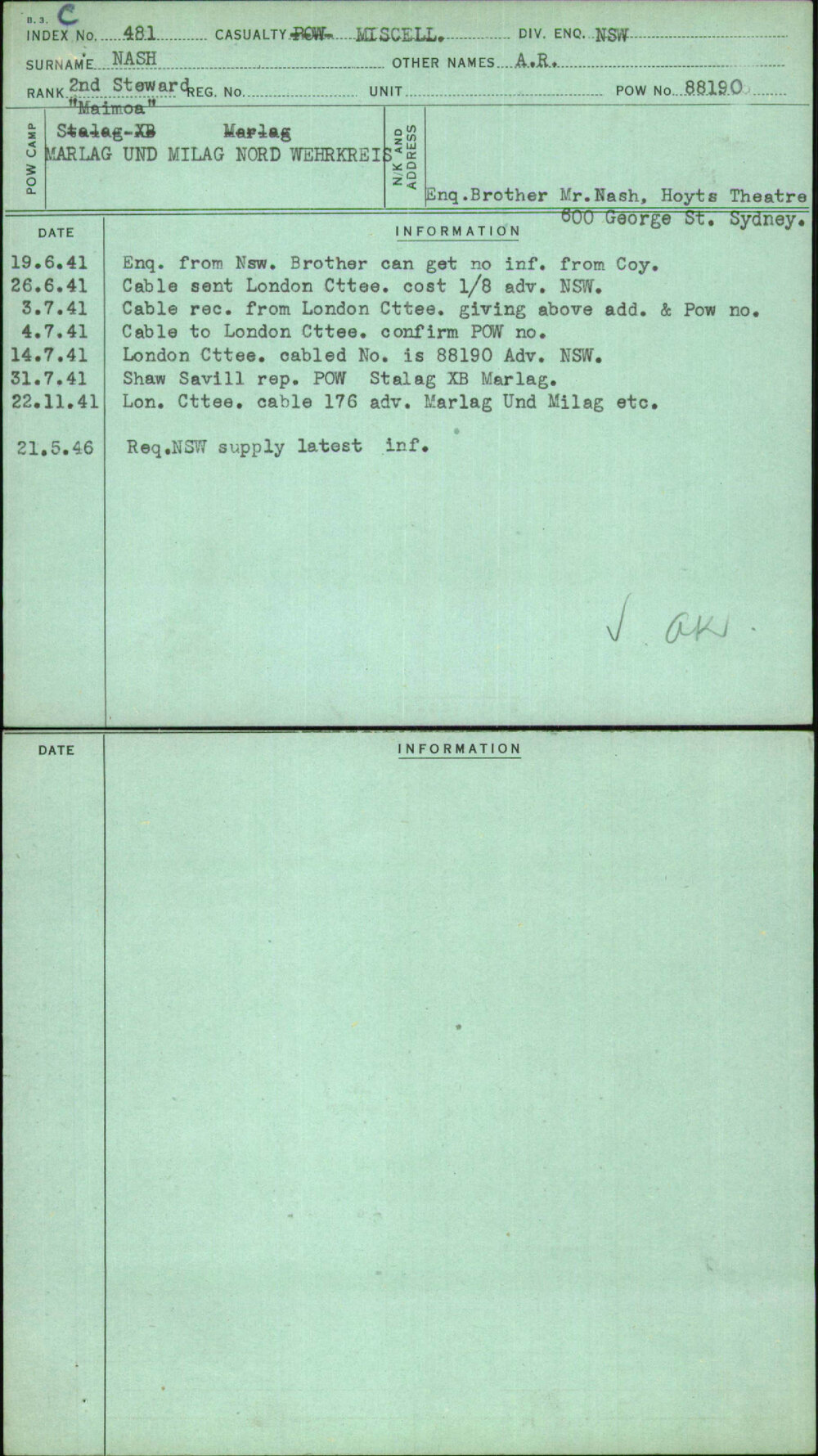 Nash, A R, [No Service Number]