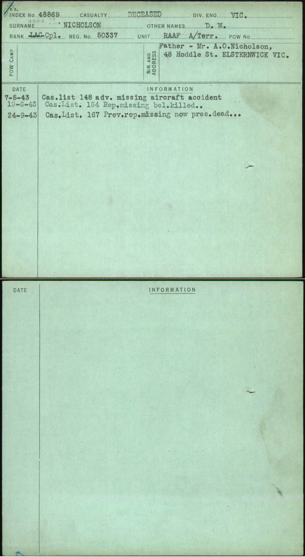 Nicholson, D W, 50337