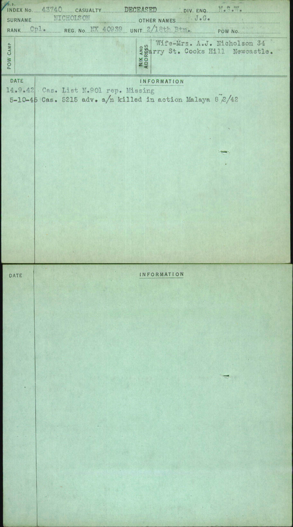 Nicholson, J G, NX40939