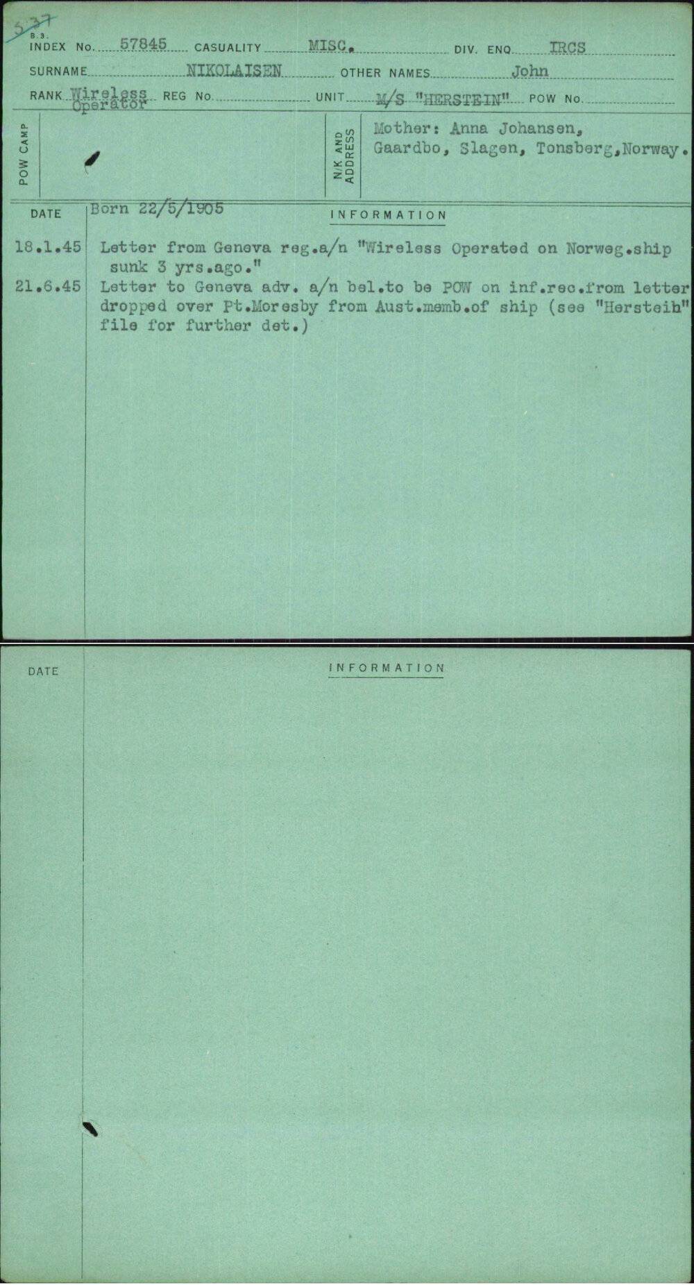 Nikolaisen, John, [No Service Number]
