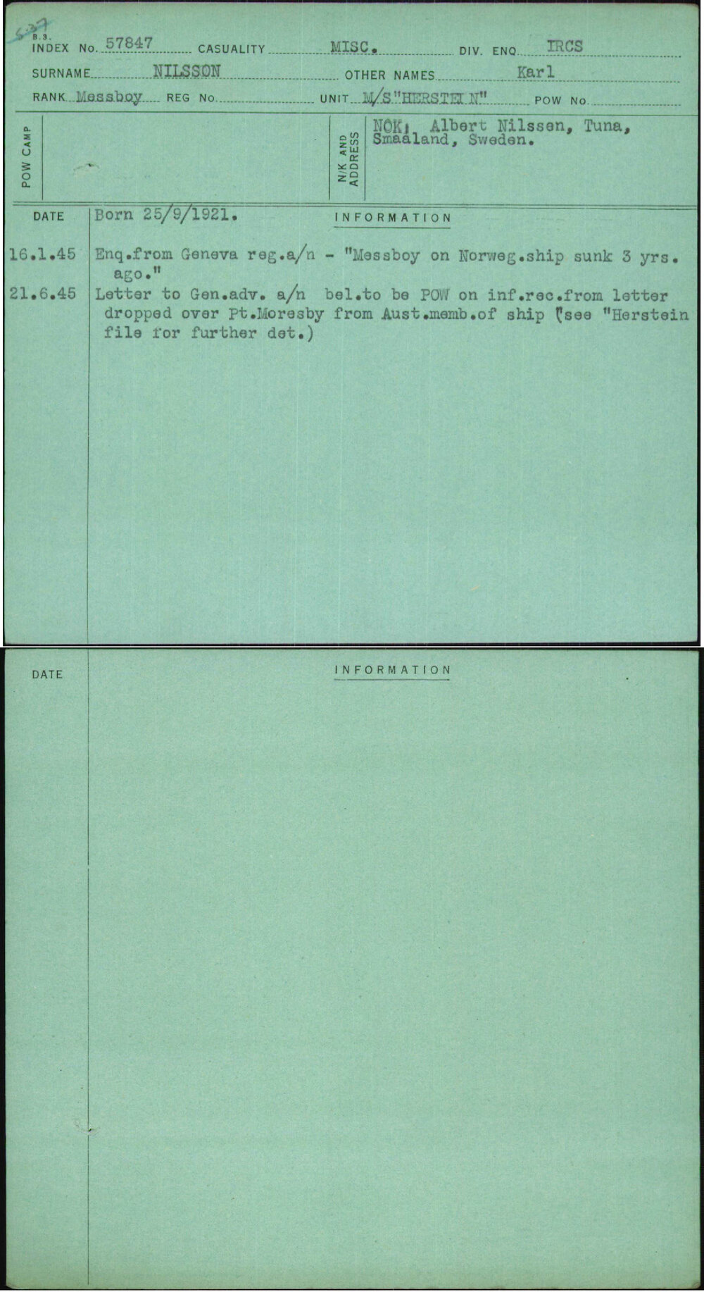 Nilsson, Karl, [No Service Number]