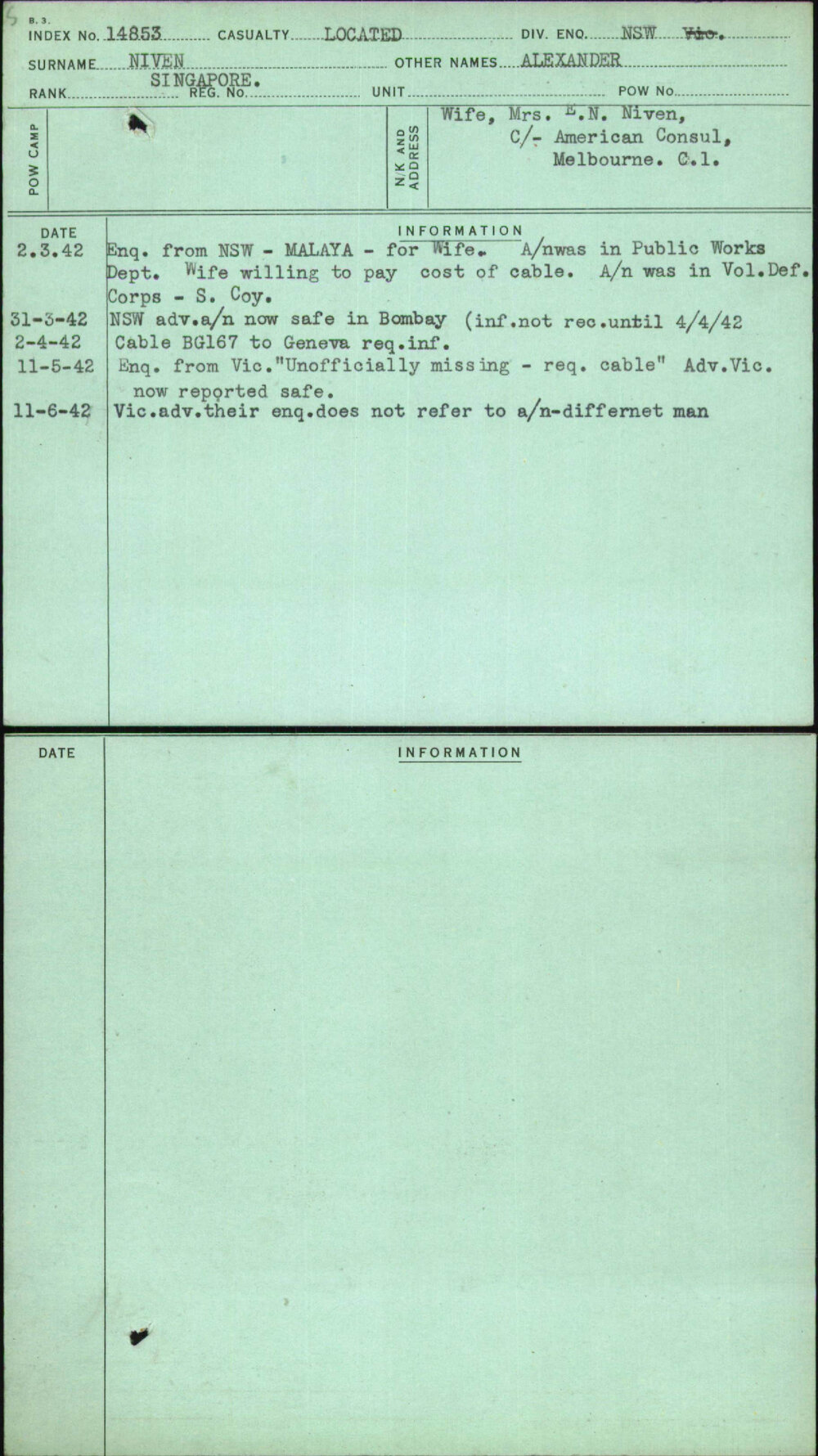 Niven, Alexander, [No Service Number]