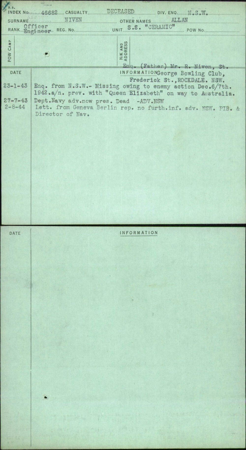 Niven, Allan, [No Service Number]