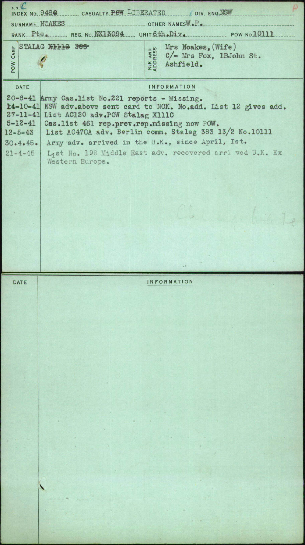 Noakes, W F, NX13094