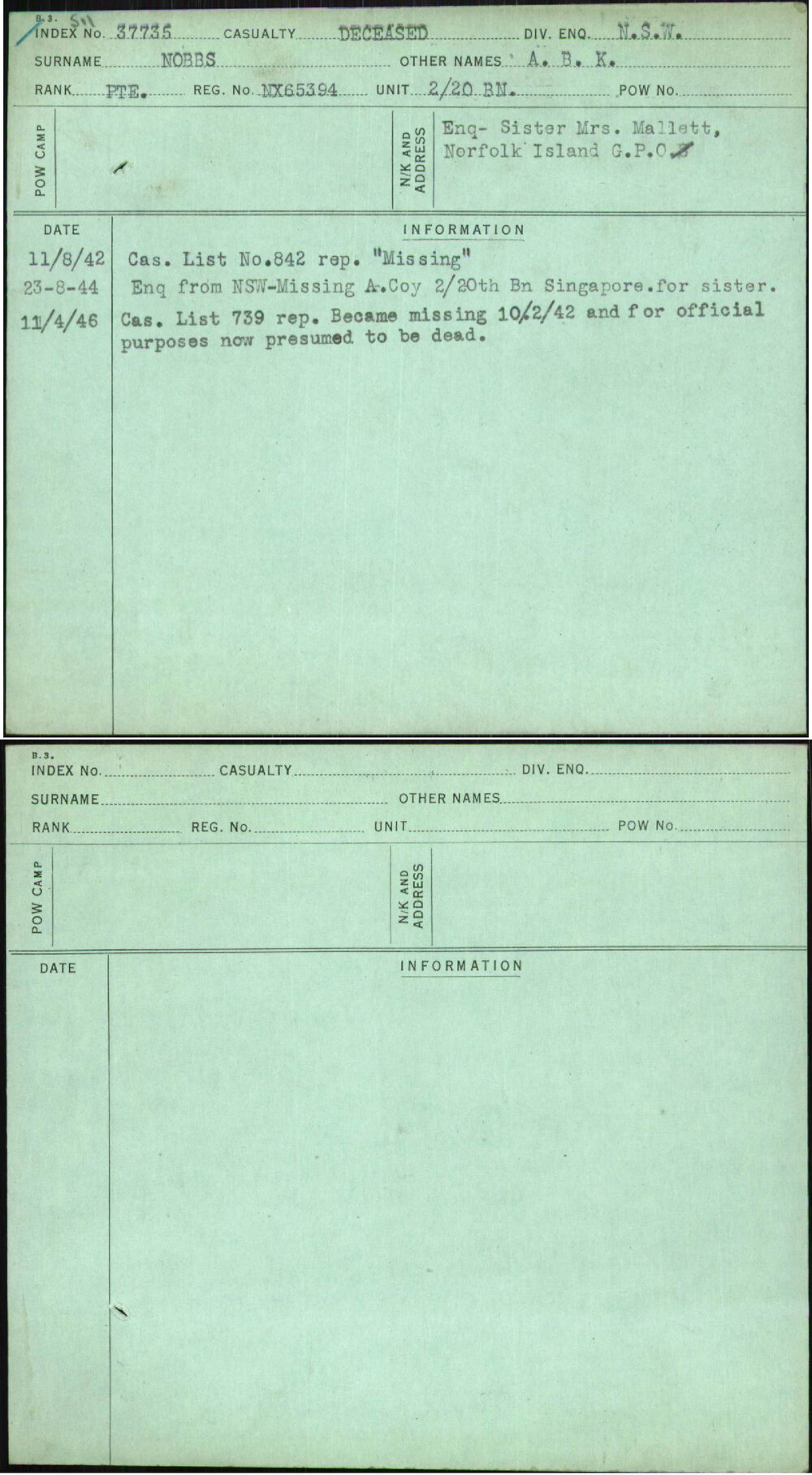 Nobbs, A B K, NX65394