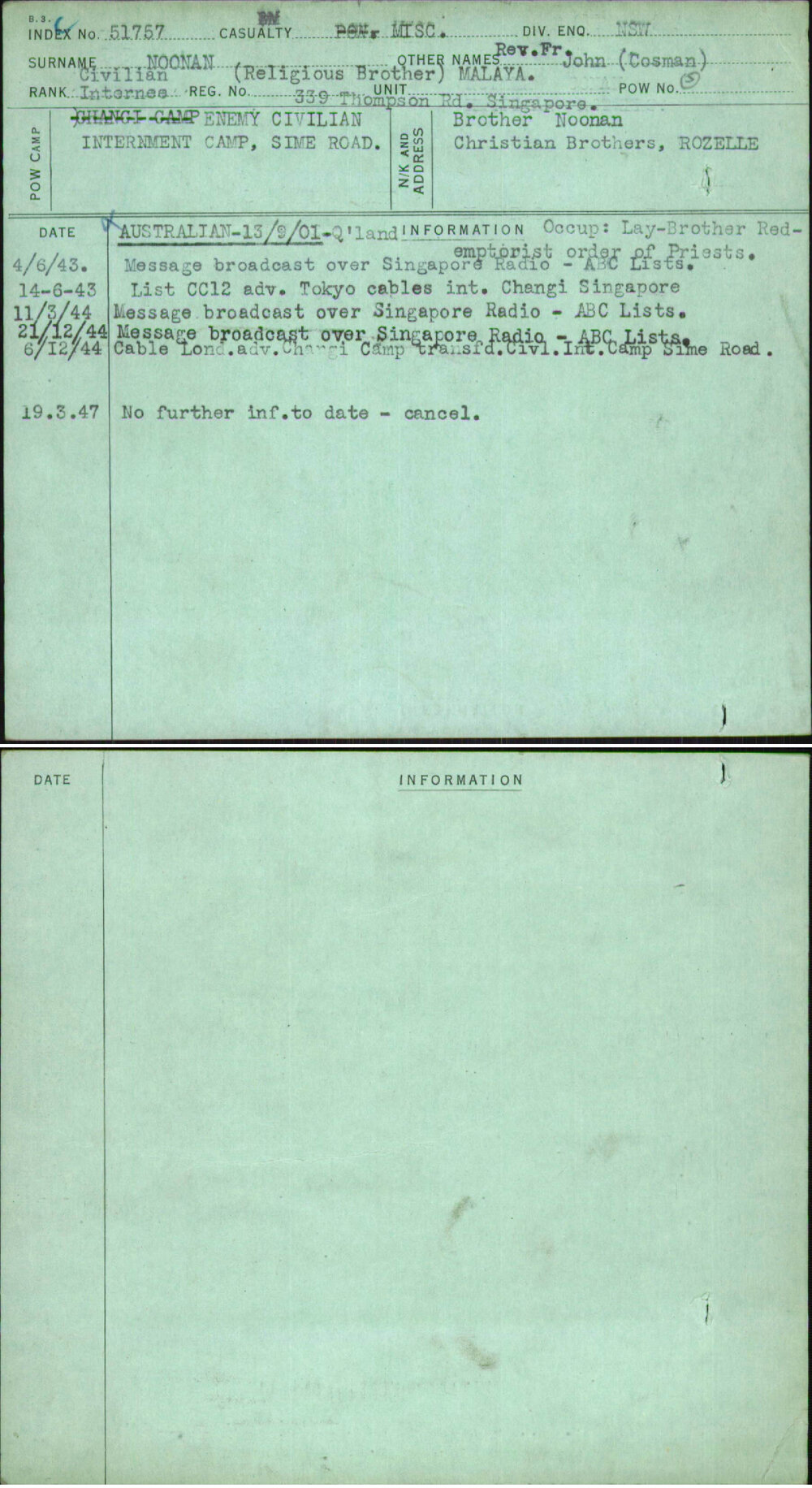 Noonan, Rev Fr John (Cosman), [No Service Number]